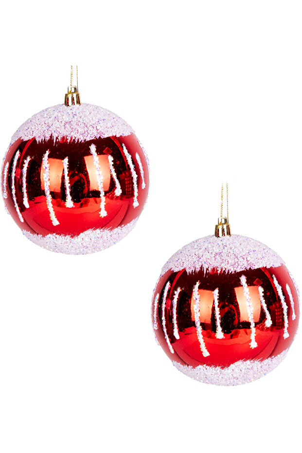 Christmas Ball, Colorful Glitter, Snow Effect, Red-White - Pack of 2, 10 cm