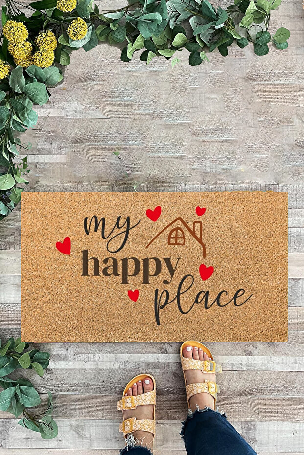 Patterned Door Mat, Suitable for Indoor and Outdoor Use, Door Mat with "My Happy Place" Written on It.