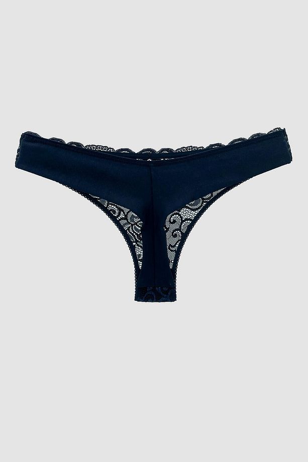 Masara Model Yarı Dantelli Tanga String Model Esnek Ve Yumuşak Kumaşlı Külot Lacivert Renk - 1