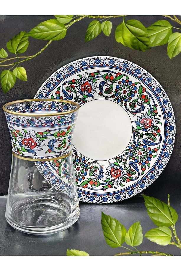 Heybeli Altın Bitkisel Desenli Çini Motifli Porselen Tabak, Cam Bardak 6 Kişilik Çay Seti - 5