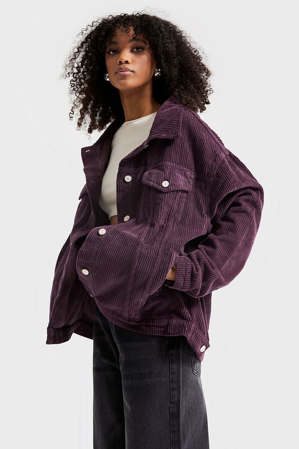 Kadın Mor Renk Kalın Fitilli Kadife Kumaş Oversize Ceket - 3