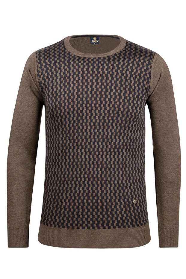 Men's Crew Neck Knitwear Brown Sweater Patterned Steel Knit Classic Fit - 5006C