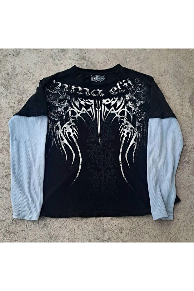 Black Gothic Punk Mma Elite White Sleeve Cyber Grunge Thin Sweatshirt
