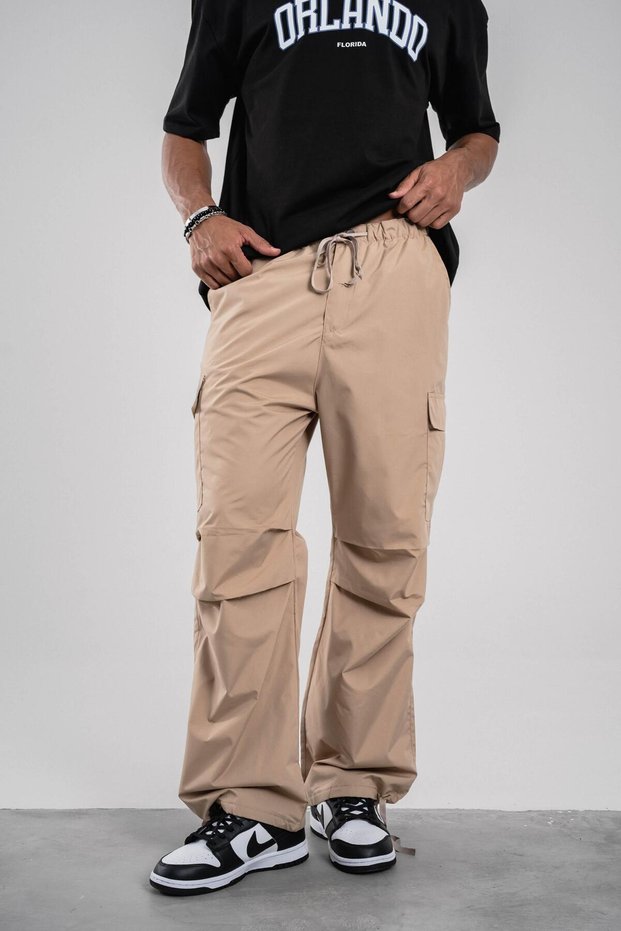Men's Trousers Fabric Cream Cargo Pockets Parachute Baggy