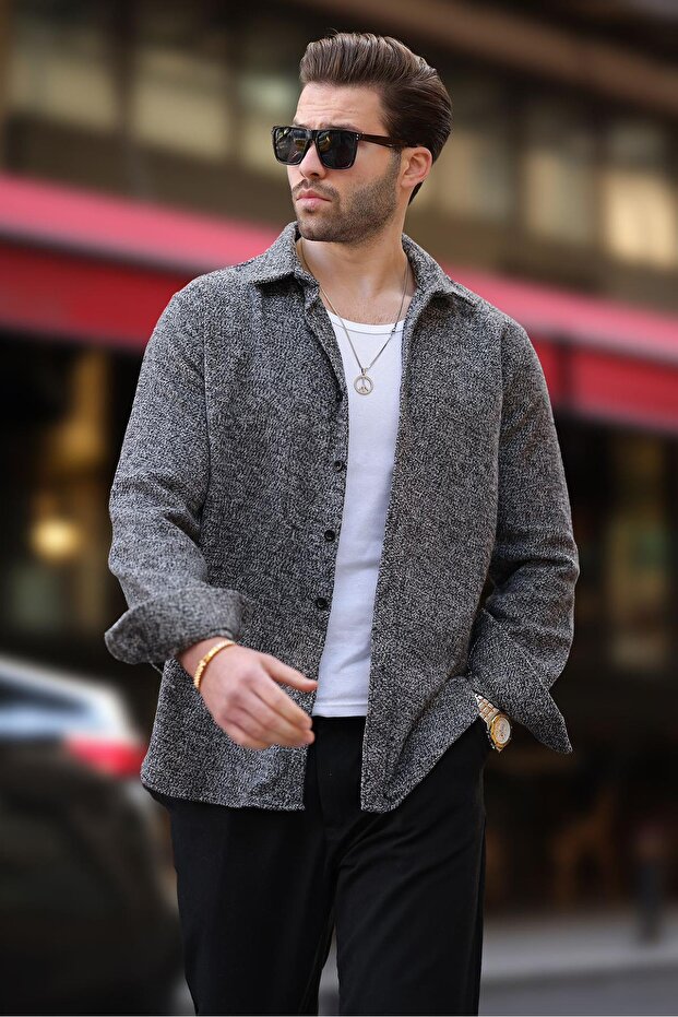 قميص جاكيت أسود منقوش للرجال - E6755 - 3