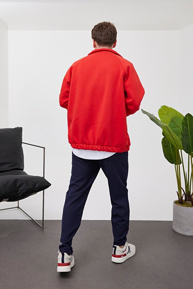 Fermuarlı Basic Kırmızı Ceket - 4