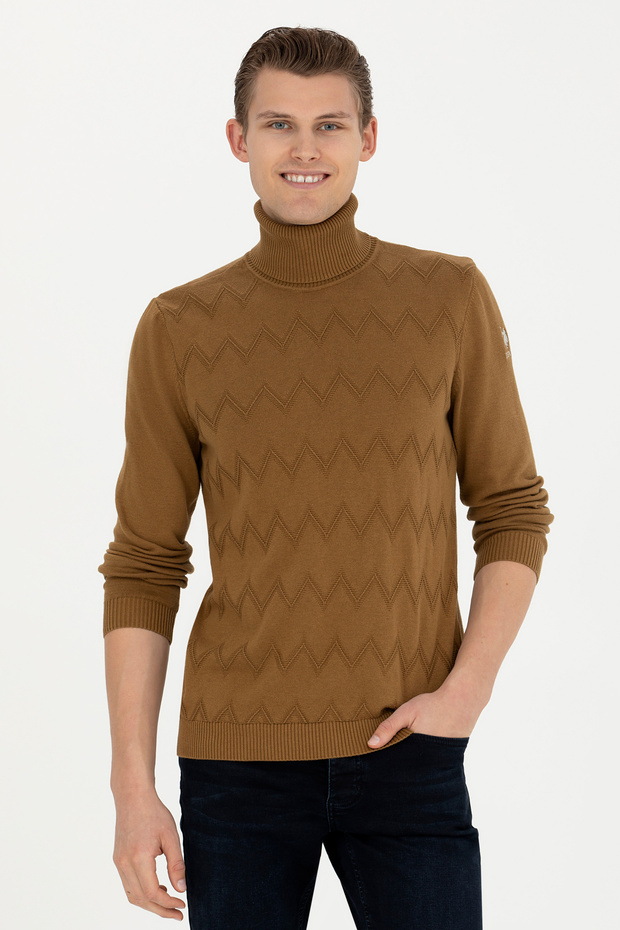 Men's Slim Fit High Neck Light Khaki Sweater 50270980-Vr183