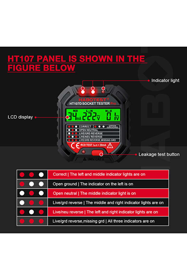 HABOTEST HT107 Socket Tester Pro Voltage Test RCD 5/30mA Socket Detector Ground Zero Line Plug Po... - 5