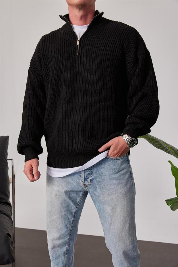 Yakası Fermuarlı Siyah Örme Triko - 2
