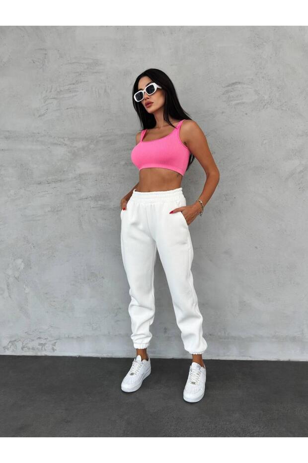 White High Waist and Elastic Leg Fleece Women's Sweatpants
