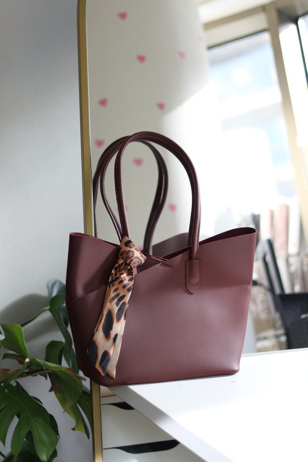 Women's Burgundy Leopard Large Shoulder Bag with Scarf Detail