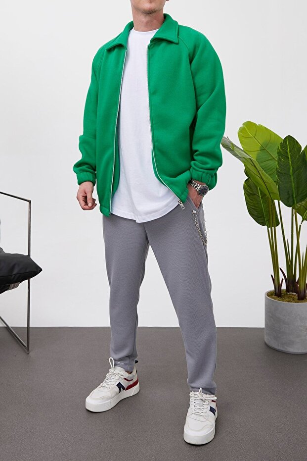 Fermuarlı Basic Yeşil Ceket - 1