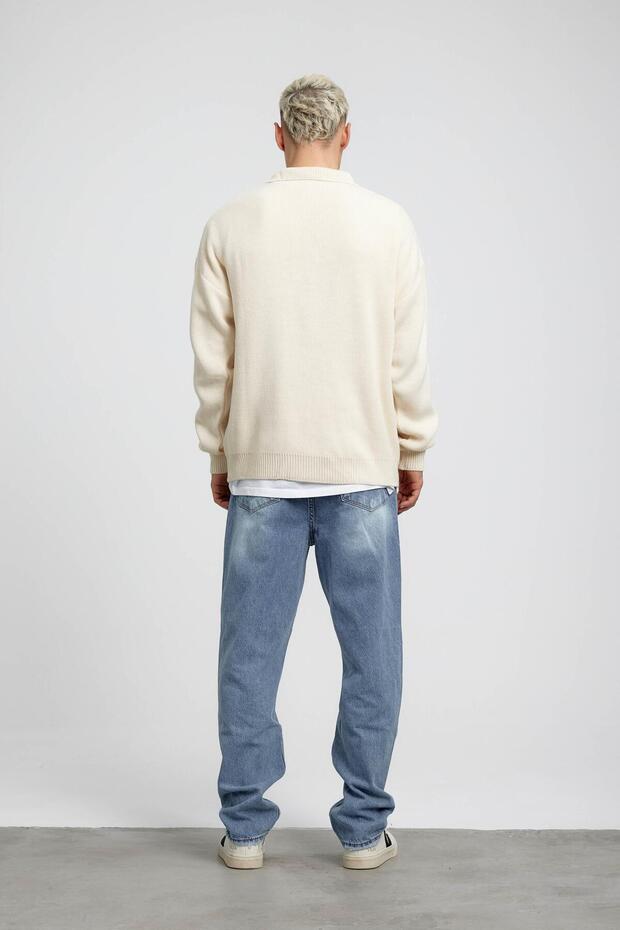 Krem Yakalı Basic Triko - 5