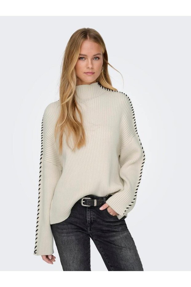 Onlqueenie Ls Contrast High Neck Prm Knt Sleeves Knitted Detail Low Sleeve Turtleneck Sweater