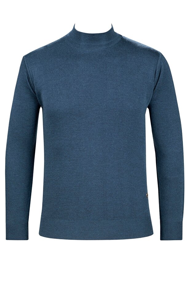 Men's Half Turtleneck Knitwear Petrol Sweater Patterned Steel Knit Classic Fit