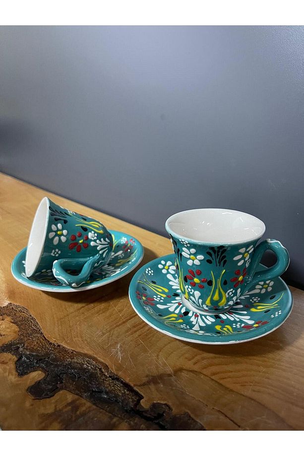 El Yapımı - 4 Parça 2 Kişilik Kahve Fincan Takımı 80 Ml- Desenli Seramik Türk Kahve Bardağı - 1