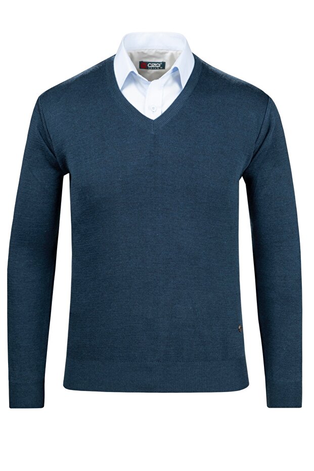 Men's V-Neck Knitwear Petrol Sweater Patterned Steel Knit Classic Fit - 4241D