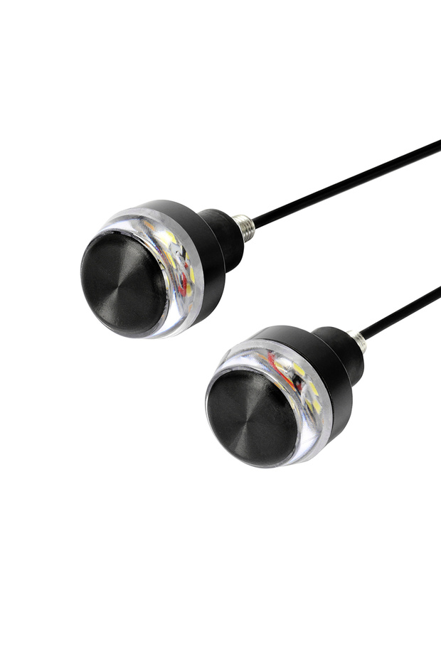 ضوء إشارة انعطاف LED أسود اللون مثبت على طرف مقود الدراجة النارية، ضوء أبيض وأصفر وامض، ضوء وامض لمقبض المقود