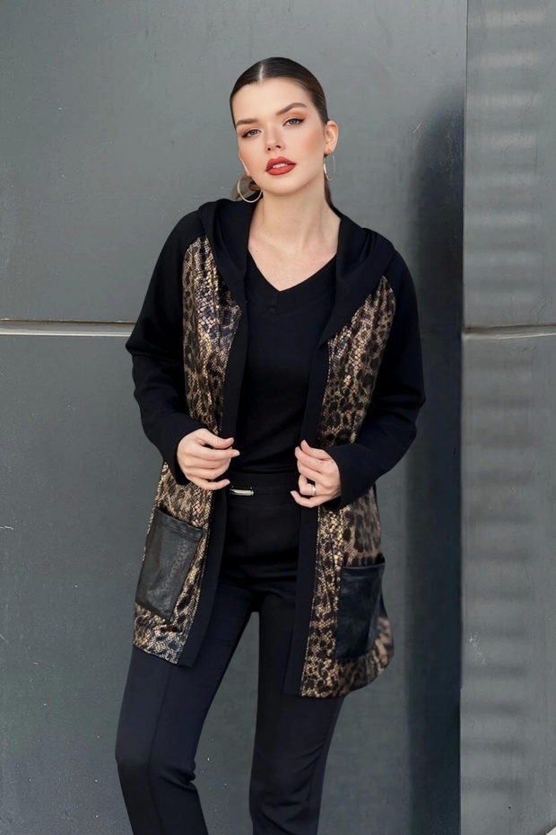 Hooded Leopard Patterned Cardigan with Pockets