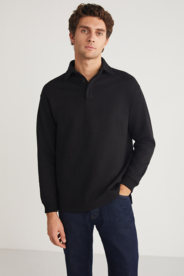 JOHN Men's Polo Sweat Shirt Collar Long Slit Back Diagonel Fabric Black Sweatshirt