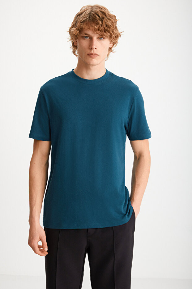 Mıchel Men's Slim Fit Slim Fit 100% Organic Cotton Side-Slit Basic Knitted Petrol Blue T-Shirt