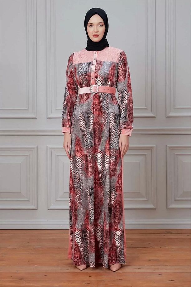 Leila Piton Desenli Kadife Elbise 699-pudra - 4