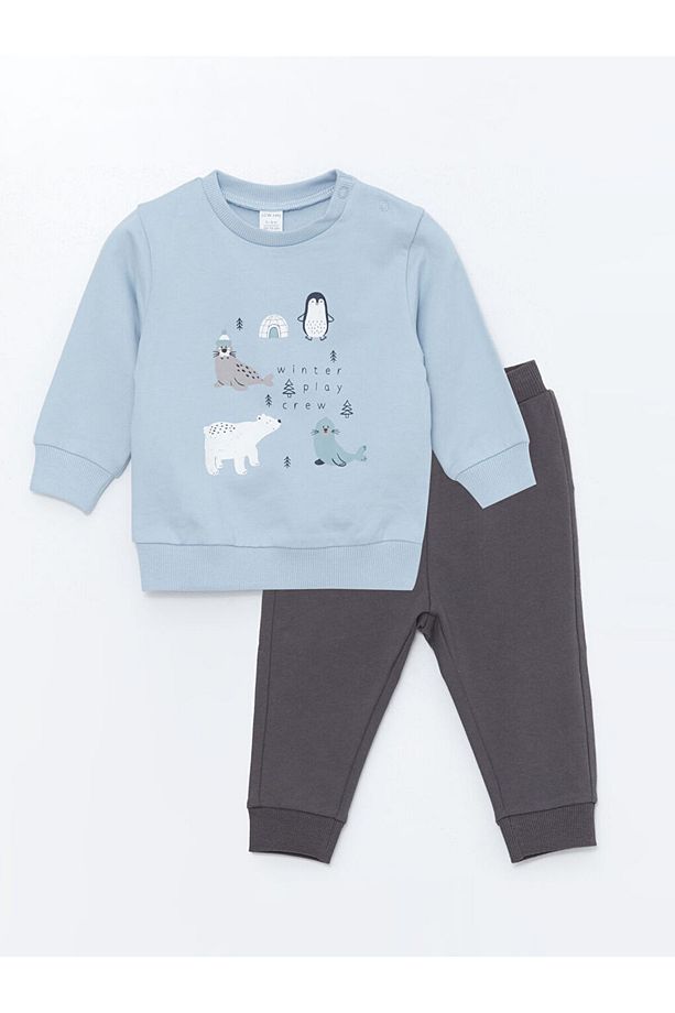 Bisiklet Yaka Baskili Erkek Bebek Sweatshirt Ve Esofman Alt 2'li Takim - W4fd36z1 - 1