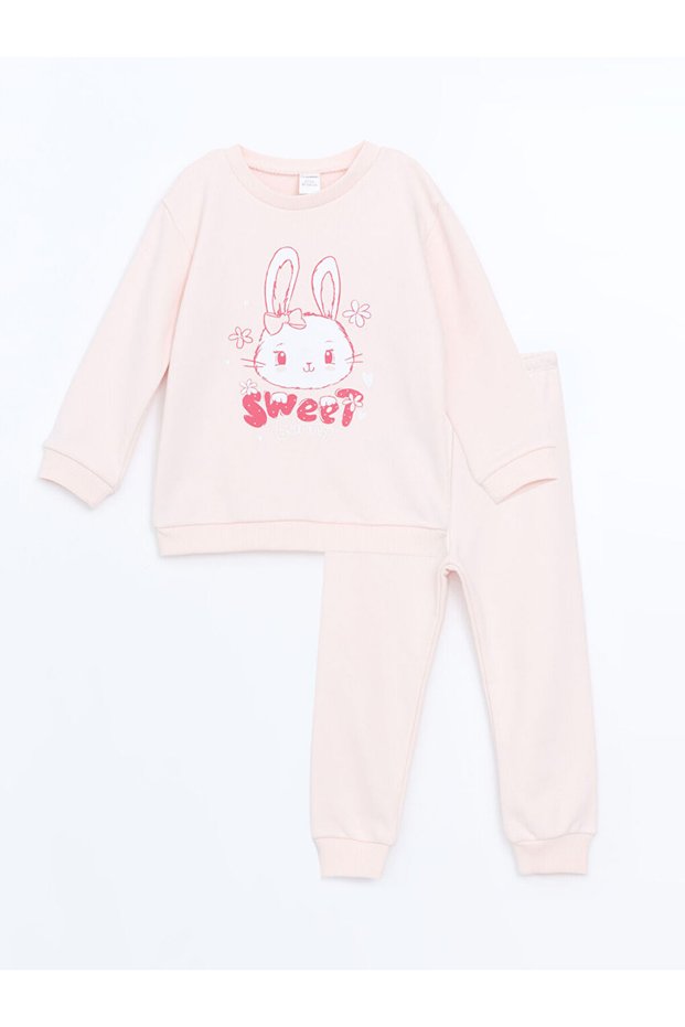 Crew Neck Long Sleeve Printed Baby Girl Sweatshirt and Sweatpants Set of 2