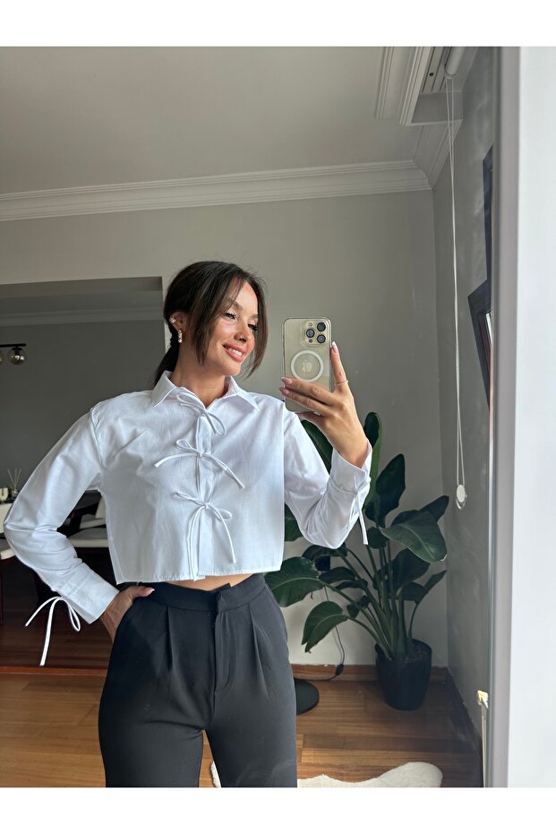Kadın crop beyaz gömlek - 8
