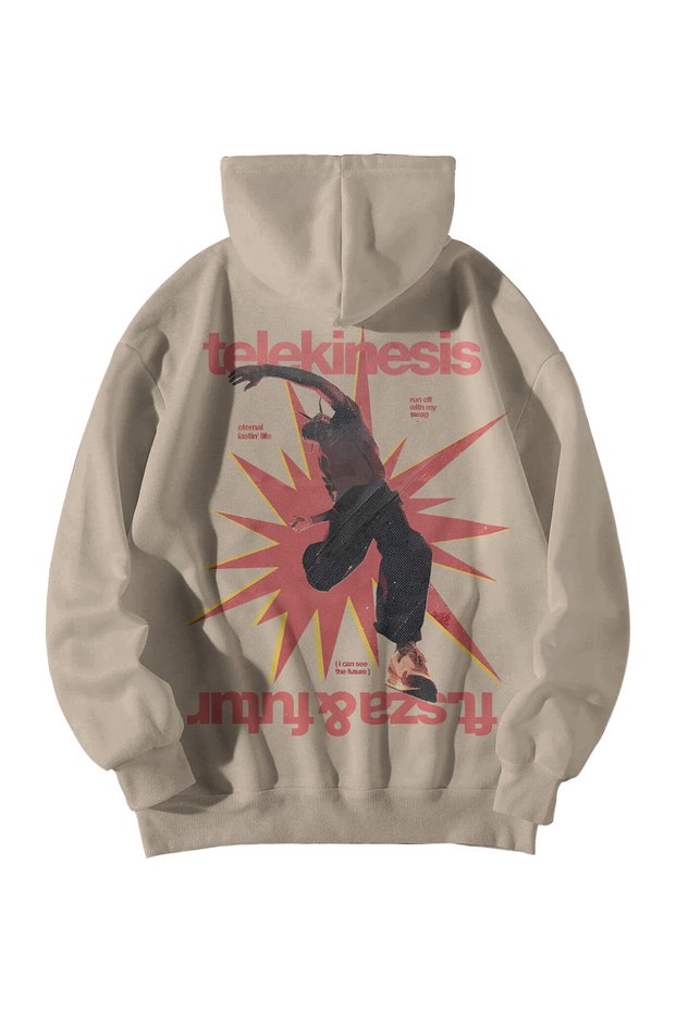 Cream Unisex Oversized Hoodie - Travis Scott Telekinesis Printed Kangaroo Pocket Streetwear Sweatshirt