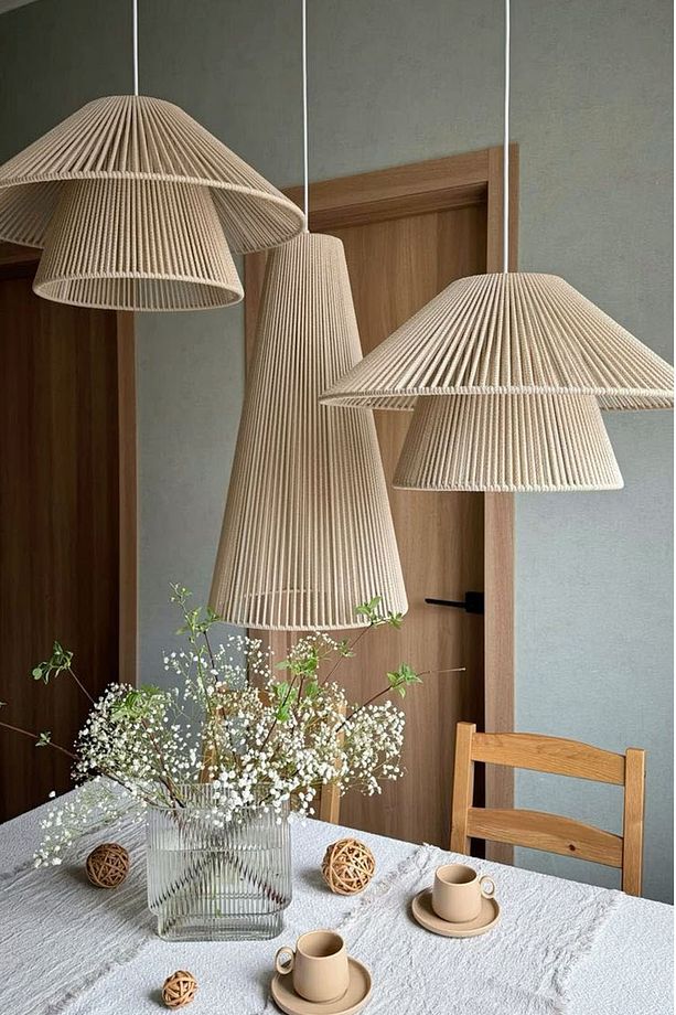 Rattan Bambu Hasır Makrome Sarkıt Avize 3 Lü Set 40 Cm Çap - 1