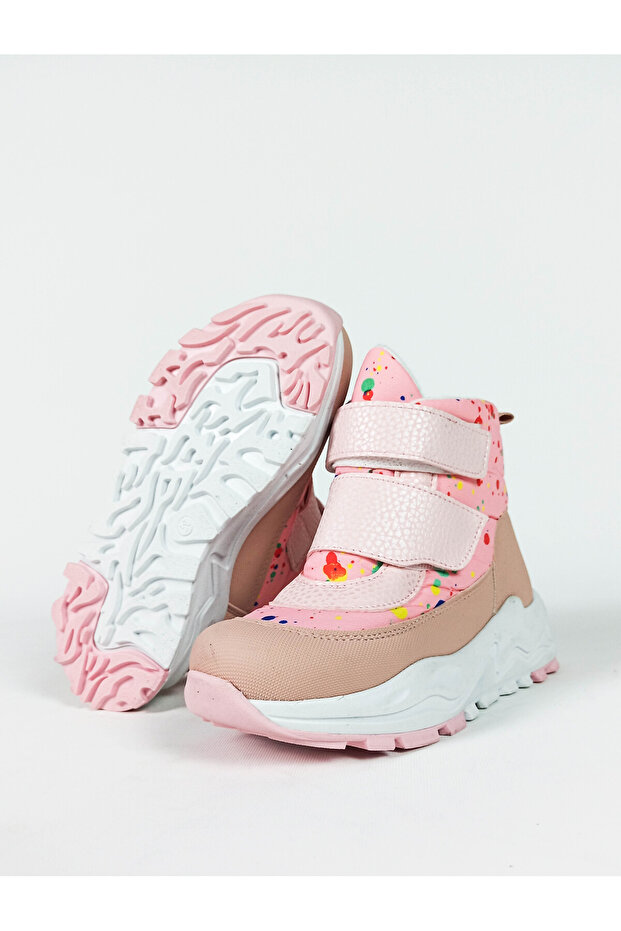 Pembe Renk Nokta Renk desenli Su Geçirmez Çift Cırtlı Çocuk Bot - 4