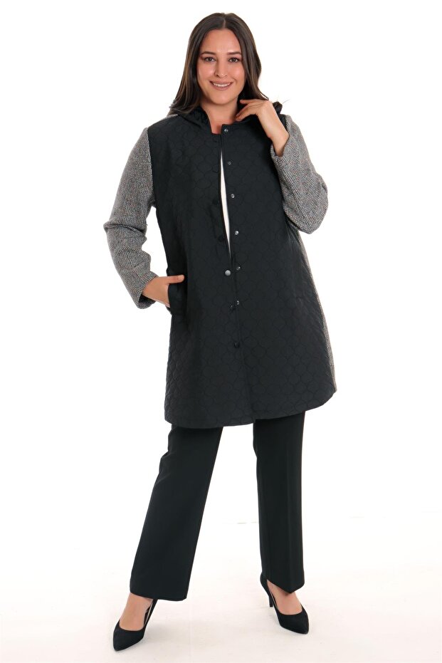 Trend42plus Black Quilted Coat with Snap Button - 1