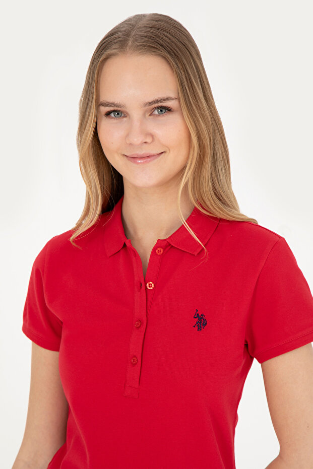 Women's Red Basic Polo Neck T-Shirt 50280057-Vr171
