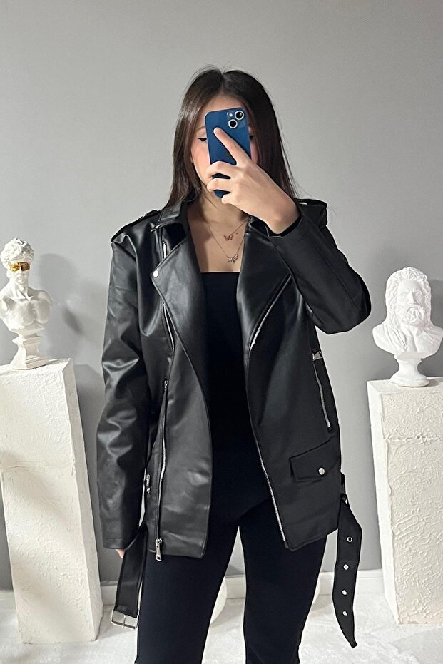Elvera Oversized Long Women's Black Leather Jacket
