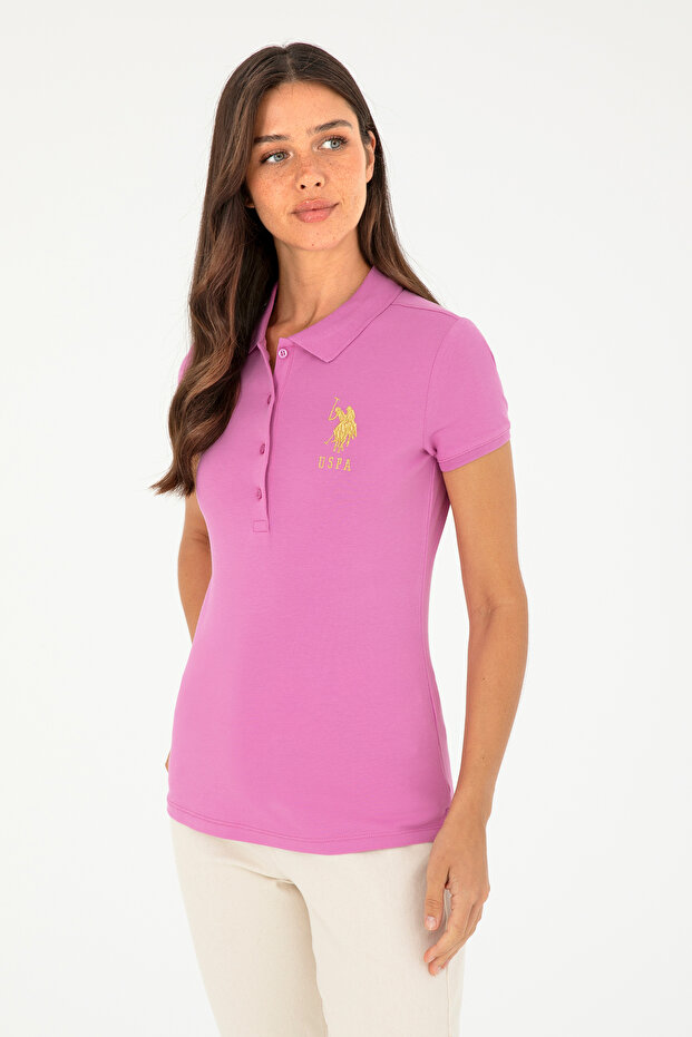 Women's Pink Basic Polo Neck T-Shirt 50280071-Vr037