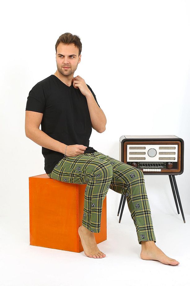Erkek Ekoseli Desen Penye Tek Alt Pijama 27540 Haki - 4