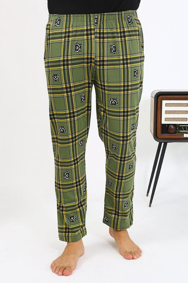 Erkek Ekoseli Desen Penye Tek Alt Pijama 27540 Haki - 5