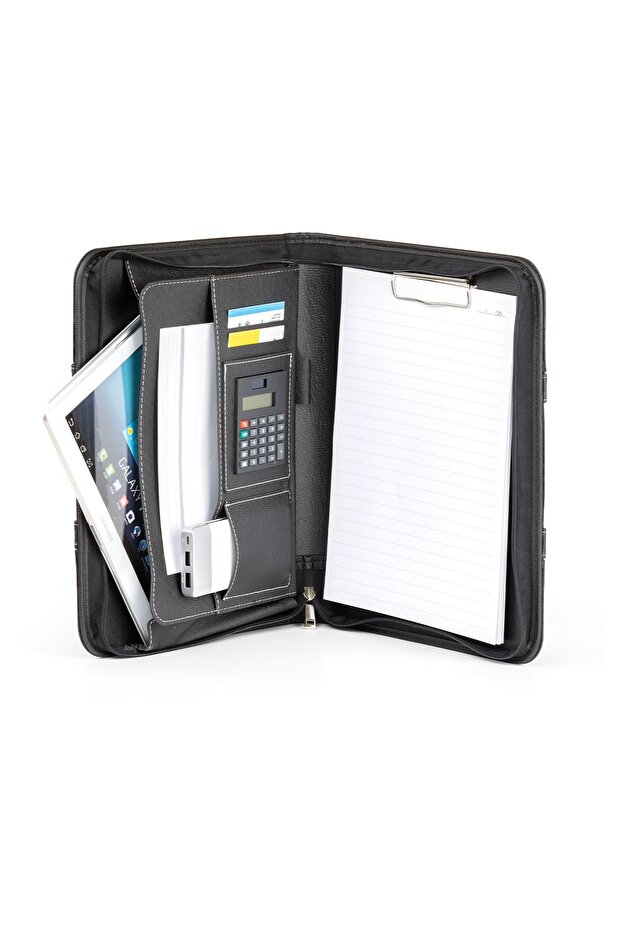 A4 Black Leather Secretary's Notepad with Magnetic Secretary Zipper File Cover and Calculator