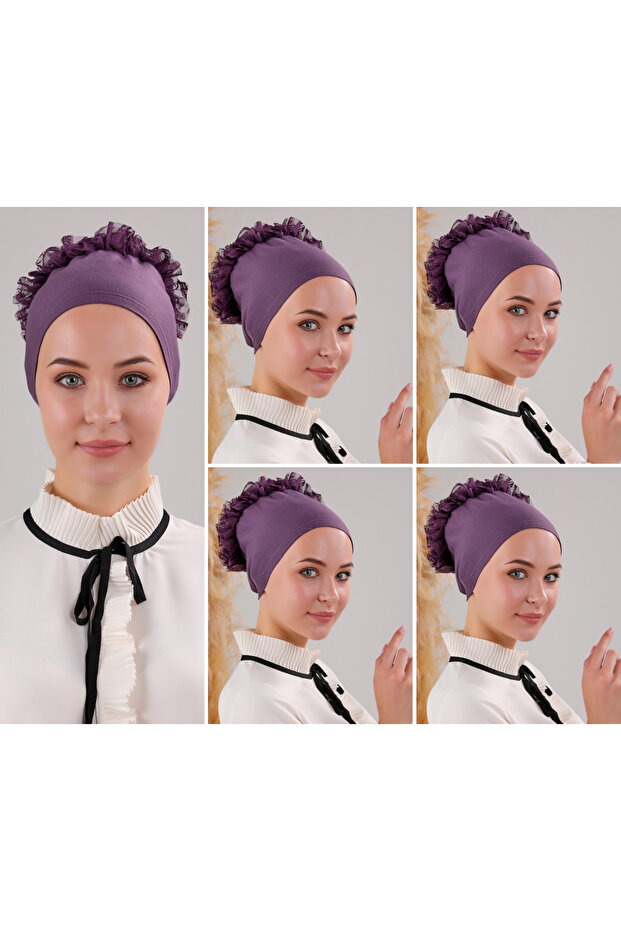 Women's Hijab 5-Piece Ruffled Stitched Bonnet Purple