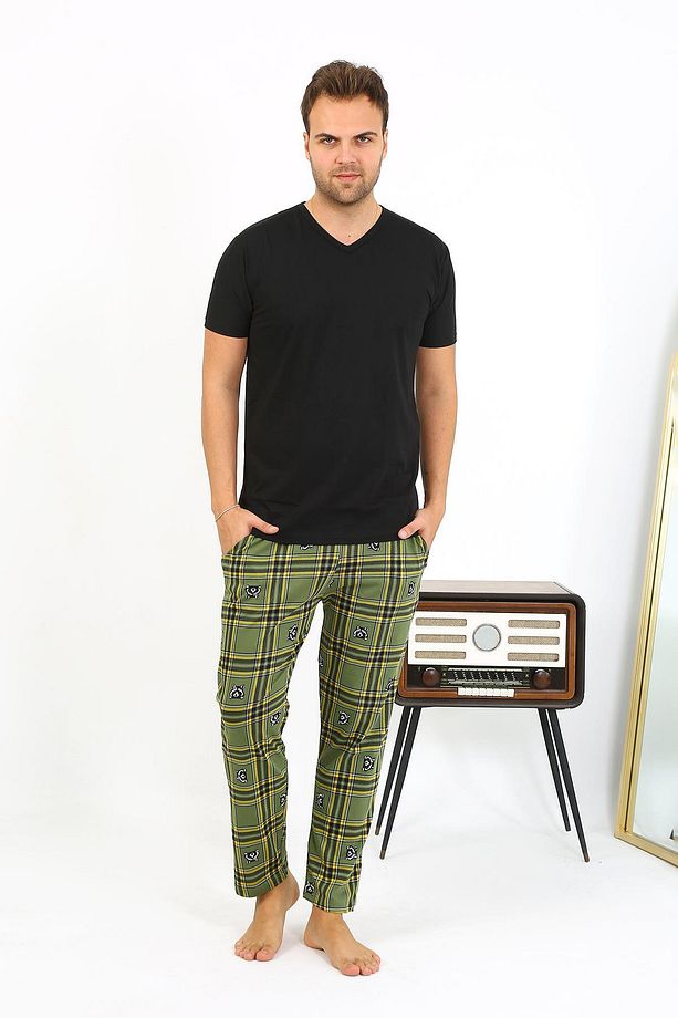 Erkek Ekoseli Desen Penye Tek Alt Pijama 27540 Haki - 3