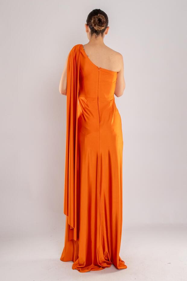 505 Tek Omuz Beli Drape Kristal Buzi Uzun Elbise - 4