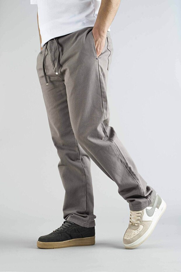 Men's Comfortable Fit Bagy Belted Drawstring Canvas Jeans Gray