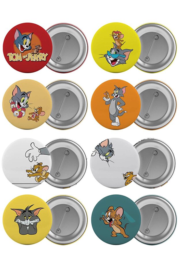 Tom Ve Jerry Çanta Rozeti Seti 8 Adet En Büyük Boy 5.8cm Iğneli Broş - 1