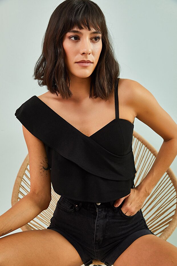 Women's Black One-Shoulder Patterned Blouse 30031025