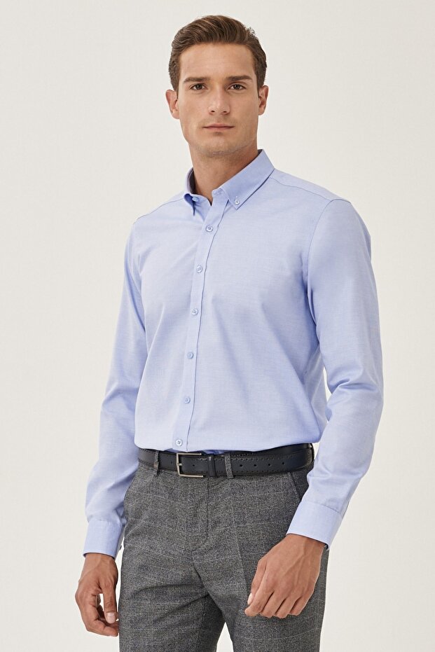 Erkek Açık Mavi Ütü Gerektirmeyen Non -ıron Slim Fit Dar Kesim %100 Pamuk Düğmeli Yaka Gömlek - 4
