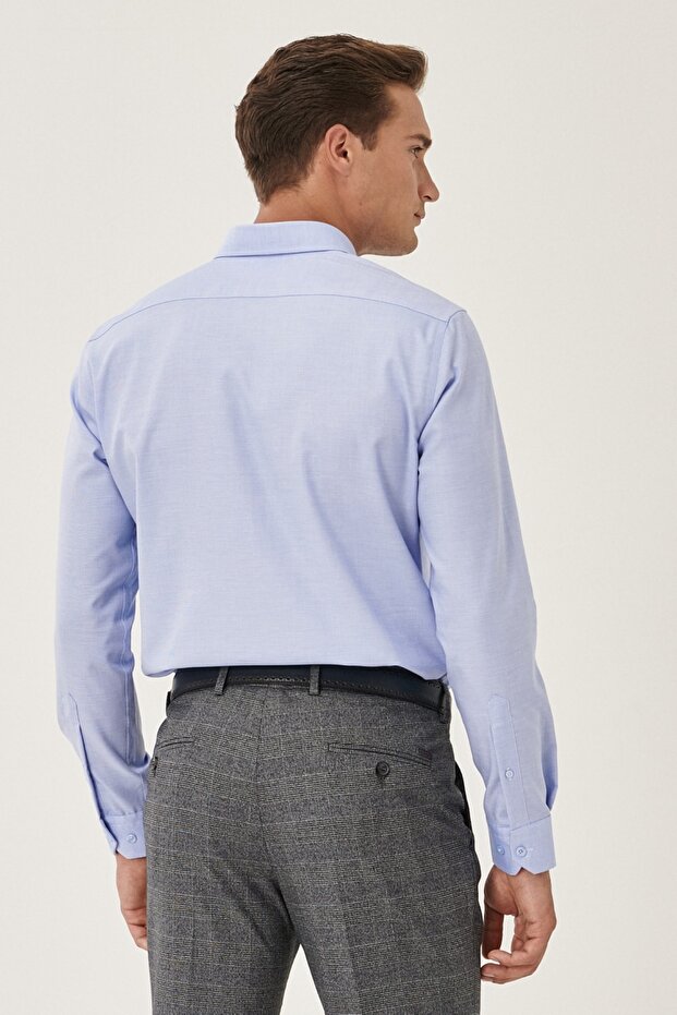 Erkek Açık Mavi Ütü Gerektirmeyen Non -ıron Slim Fit Dar Kesim %100 Pamuk Düğmeli Yaka Gömlek - 5