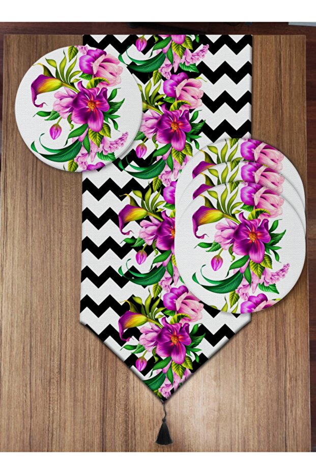 Zigzag and Floral Patterned 6-Piece Plate and Runner Set