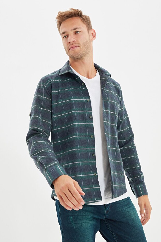 Yeşil Regular Fit Apoletli Kışlık Oduncu Kareli Gömlek TMNAW22GO0359 - 1