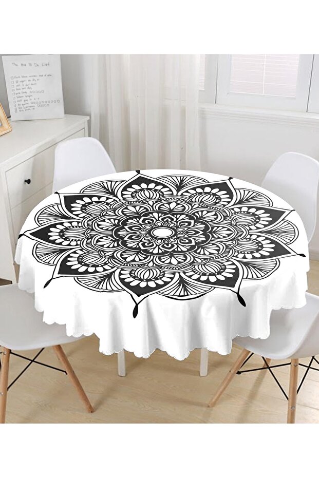 Floral Mandala Patterned Round Tablecloth on White Background - Diameter 140cm